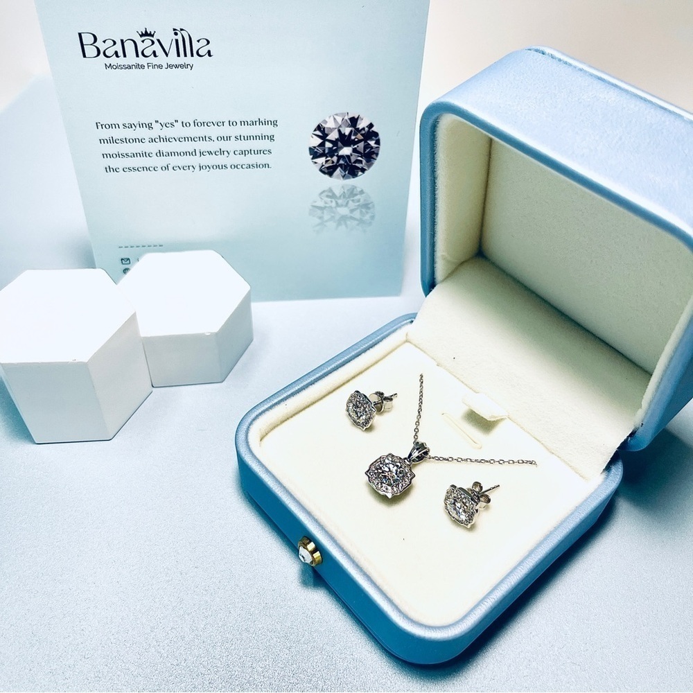 Belle Halo Moissanite Necklace Earrings Set In 18K Gold Plated Silver - Picture 5 of 5